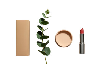 Minimalist beauty product flat lay with eucalyptus and neutral tones
