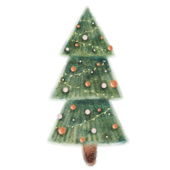 Watercolor decorated Christmas tree illustration. Hand drawn spruce for holiday design, new year greeting card, seasonal decoration.