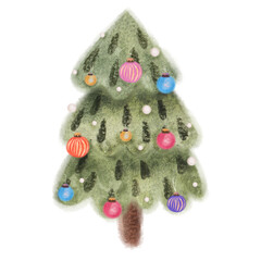 Christmas tree with colorful bauble decoration and white snow dots rendered in watercolor style. Holiday design for greeting card or banner.