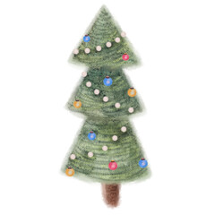 Watercolor decorated Christmas tree illustration. Hand drawn spruce for holiday design, new year greeting card, seasonal decoration.