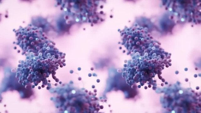 A vibrant, digitally rendered image of DNA double helices with purple and blue hues on a pink background