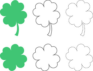 Lucky Four Leaf Clover Bundle Outline Dotted Dashed Coloring Page Set