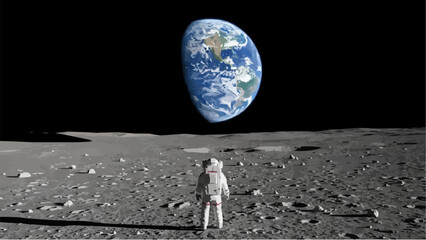Astronaut standing on the moon looking at Earth. © fusa