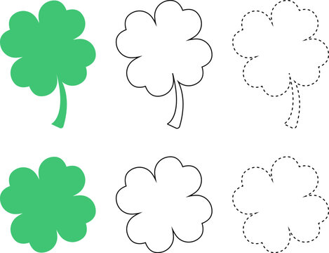 Lucky Four Leaf Clover Bundle Outline Dotted Dashed Coloring Page Set