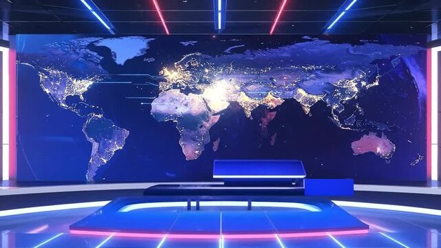 Modern News Studio with World Map Background and Neon Lights.