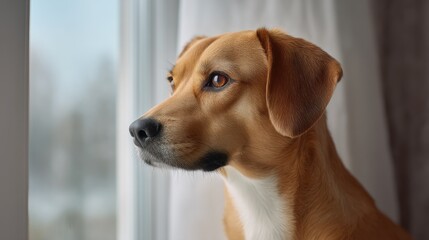 Thoughtful Dog Gazing Outside From a Window with Soft Light Highlighting Its Beautiful Features and Calm Expression in a Cozy Indoor Setting