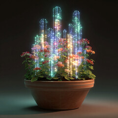 Unique battery concept: plant pot where energy cells sprouting crystalline towers luminous electronic blossoming surreal novelty fully unique motif.