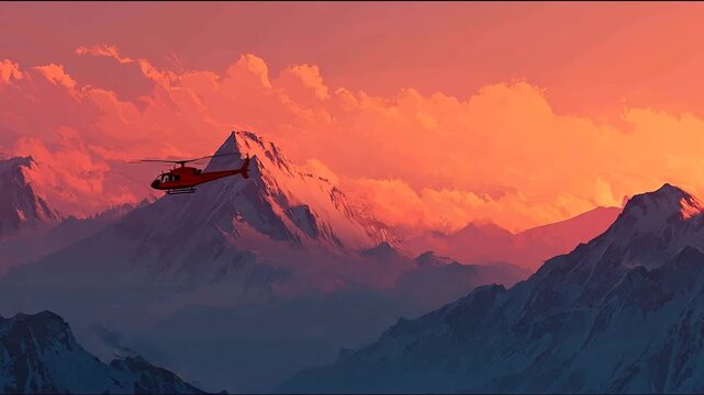 Helicopter silhouette flying over mountain range at sunset
