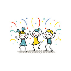Fototapeta premium Happy stick figure kids dancing joyfully amidst colorful confetti, celebrating a party or special event. A fun, whimsical illustration perfect for children's themes.