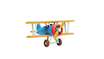Blue toy biplane with orange wings and red propeller