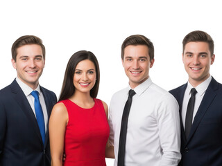 Four smiling professionals in business attire pose confidently for a portrait
