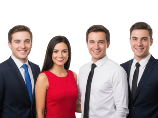Four smiling professionals in business attire pose confidently for a portrait