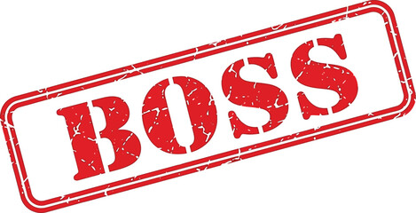 A rectangular red stamp with the word boss prominently displayed in bold textured white lettering