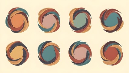 A collection of eight abstract, circular designs featuring swirling patterns in various warm and cool earthy colors, including orange, teal, brown, and tan.