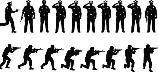 Police officer and military soldier silhouette set showing law enforcement salute and tactical rifle shooting poses isolated © Nur Creations
