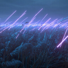 Unrealistic conceptual field glowing tall grasses luminous neon tubes swaying winds, environmental surreal scene brilliant striking brilliance absent people wholly novelistic.