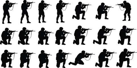 Military soldier aiming rifle silhouette set showing tactical kneeling and standing shooting poses isolated on white background illustration © Nur Creations