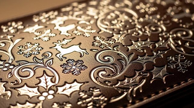 Close-up of Embossed Christmas Wrapping Paper with Reindeer and Holly.