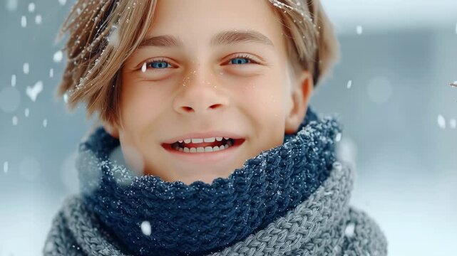 A young boy with blue eyes enjoys a snowy day outside. He sticks out his tongue to catch snowflakes while smiling and playing happily in the winter landscape