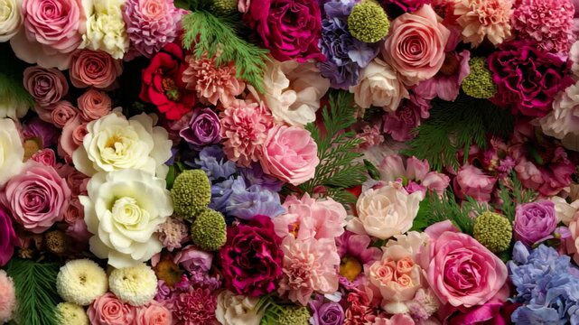 Abundant assortment of colorful roses, peonies, and green accents in a dense floral arrangement, 4k video