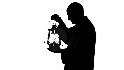 Silhouette of a man holding an old-fashioned lantern, searching for light against darkness.