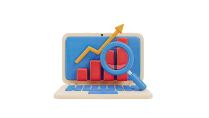 3D Laptop with Growing Bar Chart and Magnifying Glass