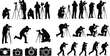 Black silhouette photographers and videographers set showing camera shooting poses tripods and professional media equipment isolated on white background illustration © Nur Creations