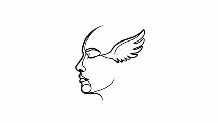 Elegant profile of a serene face with a single wing emerging from the eye.