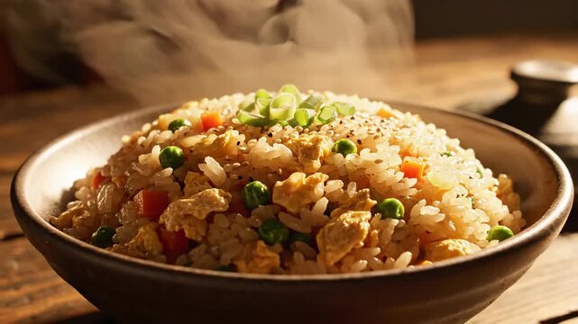 Steaming rice dish served in a ceramic bowl close up view