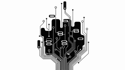 Abstract digital circuit board forming a tree shape against a white background