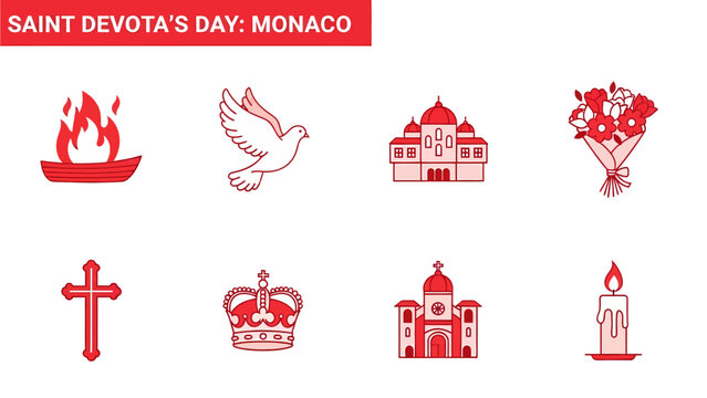 Red and white icons representing elements of Saint Devotas Day in Monaco
