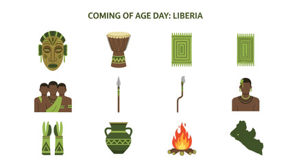 Icons related to Liberian Coming of Age Day including cultural objects and people