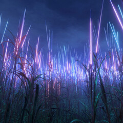 Unrealistic conceptual field glowing tall grasses luminous neon tubes swaying winds, environmental surreal scene brilliant striking brilliance absent people wholly novelistic.