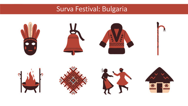 Icons representing elements of the Surva Festival in Bulgaria