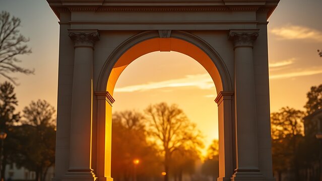 neoclassical. Majestic neoclassical archway glowing in golden sunset hues with a soft diffused light. inspiring travel planning.
