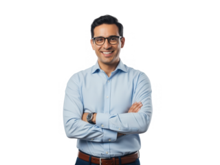 A smiling man with glasses poses confidently with arms crossed against black