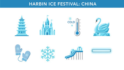 Blue and white icons representing the Harbin Ice Festival in China © Agung