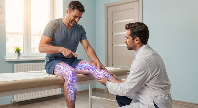Man consults doctor about glowing leg veins, symbolizing nerve or blood vessel issues. Medical diagnostics for vascular problems.