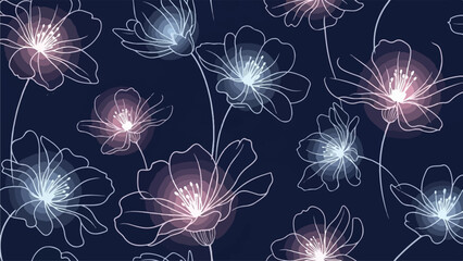 A beautiful floral pattern with glowing flowers on a dark blue background