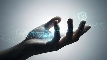 Human hand interacting with glowing AI icon and digital network particles, symbolizing future technology and artificial intelligence.