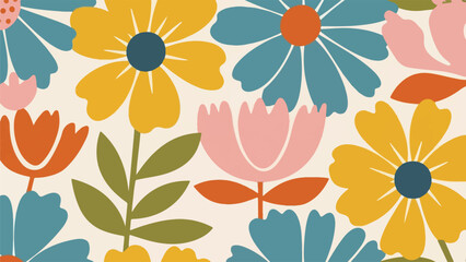 A colorful floral pattern featuring various flowers in bloom