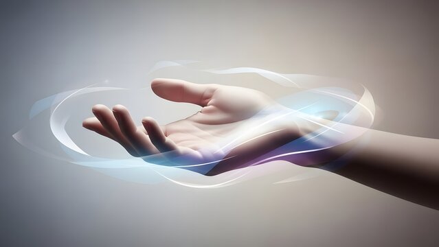 An open human hand with luminous blue and white energy swirling gracefully around it.
