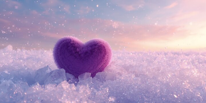 A fuzzy purple heart sits on a snowy field during a serene winter sunset with snowflakes falling around it