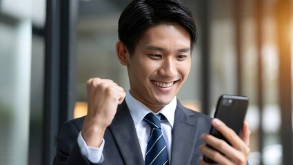 Excited Businessman Checking Phone with Fist Pump Gesture
