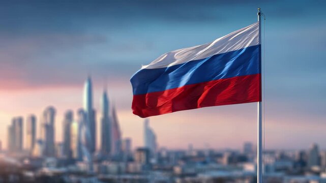 Waving russian flag against blurred moscow city skyline at sunset, 4k video