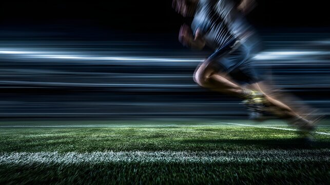 Dynamic Motion - A Runners Intense Sprint Across the Stadium Field at Night.