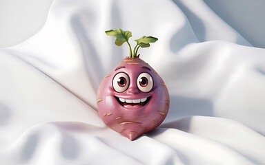 A sweet potato with a face and green sprouts on a white cloth