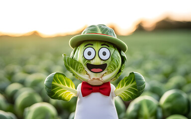 A cheerful cartoon lettuce character in a field of lettuce