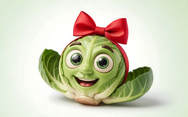 Cabbage character with a red bow and big eyes