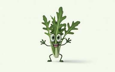 A cartoonish green plant with a smiling face and arms